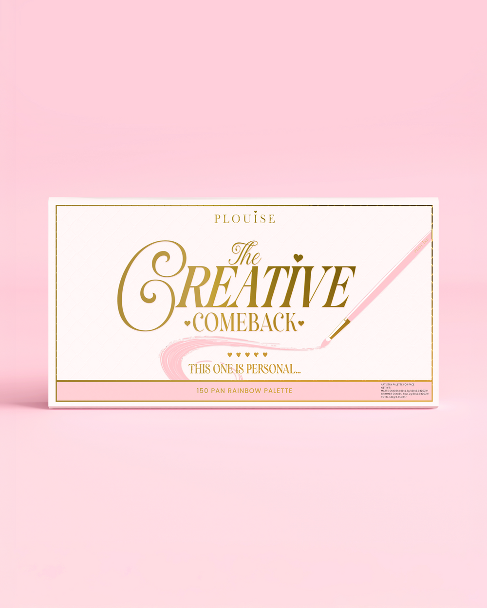 Przód zamkniętej palety cieni do powiek P.Louise Creative COMeback XXXL Rainbow ze złotą typografią na różowym opakowaniu na różowym tle