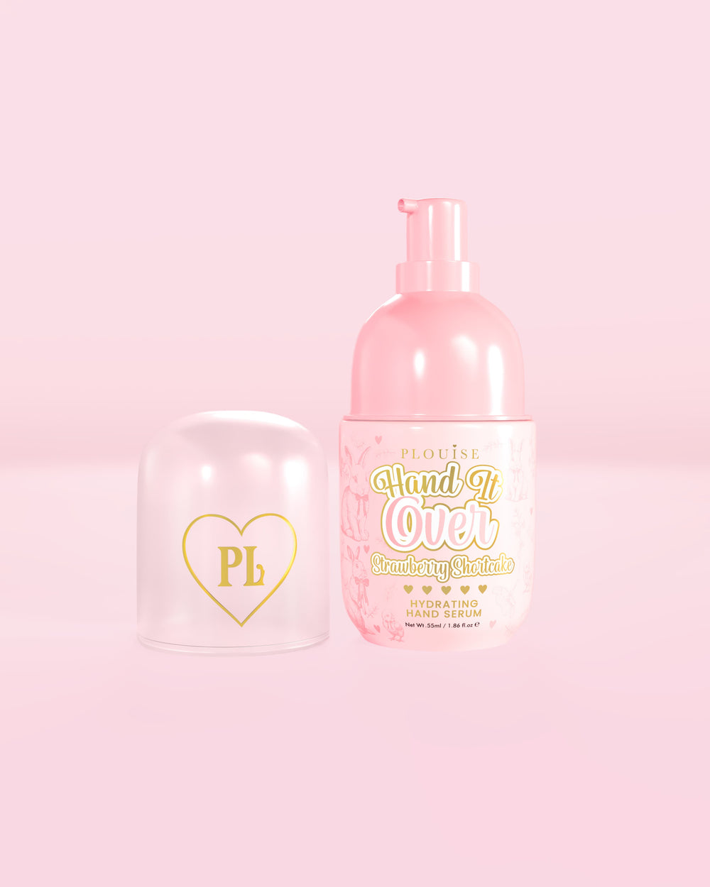 Różowa butelka P.Louise Hand It Over nawilżającego serum do rąk o zapachu truskawkowego ciasteczka