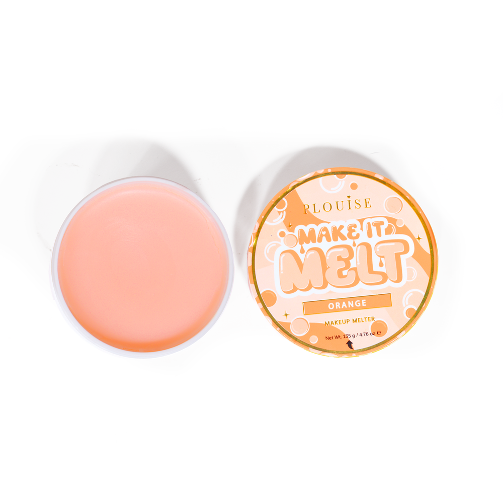 Otwarta tuba balsamu oczyszczającego P. Louise Make It Melt Makeup o zapachu pomarańczy na niebieskim tle