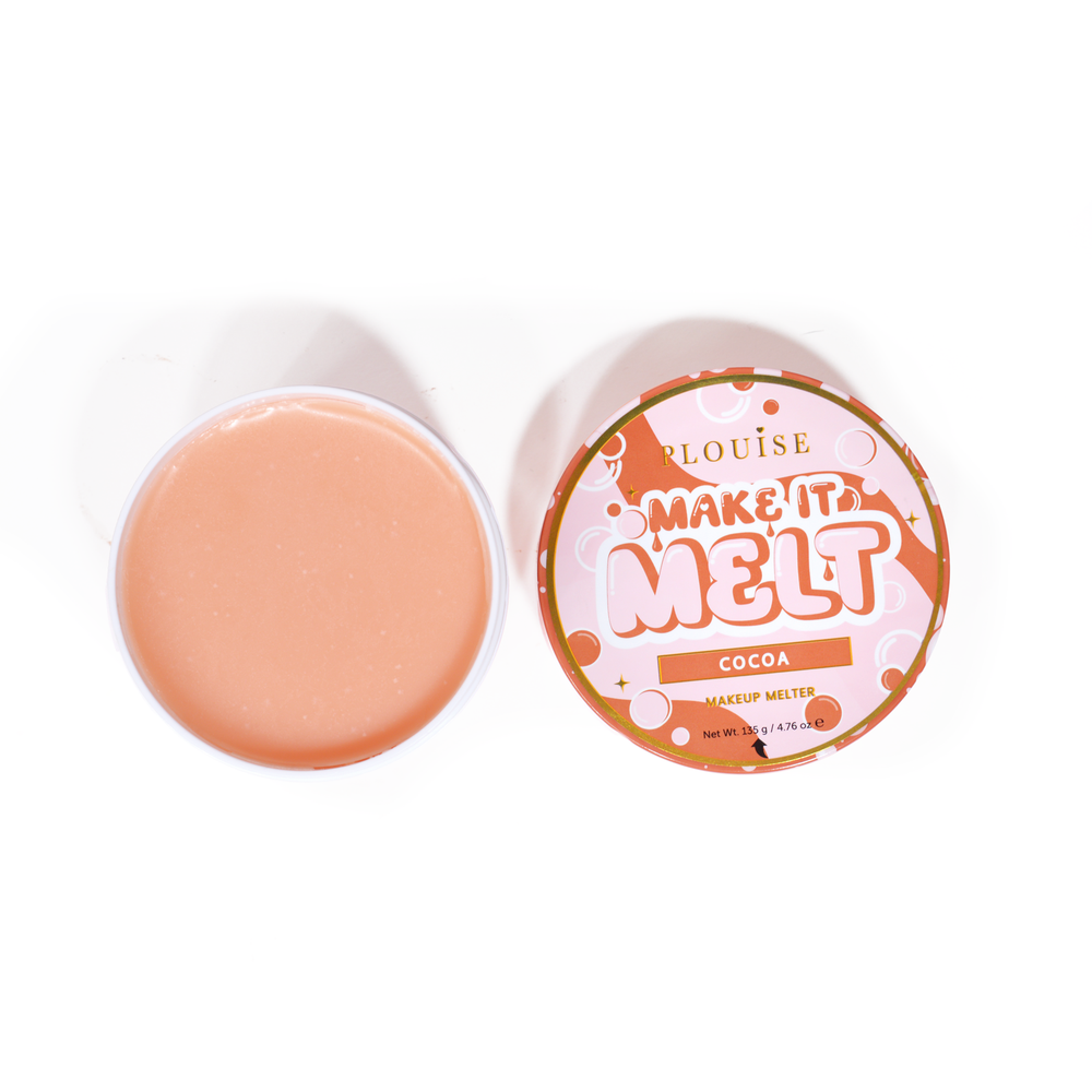 Otwarta tuba balsamu oczyszczającego P. Louise Make It Melt Makeup o zapachu kakao na białym tle