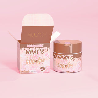 P.Louise 'What's the Scoop?' stretchy body scrub in calorific scent with a calorific design packaging on a pink background