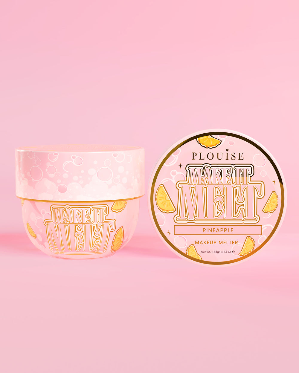 Balsam oczyszczający P. Louise Make It Melt Makeup o smaku ananasowym na różowym tle