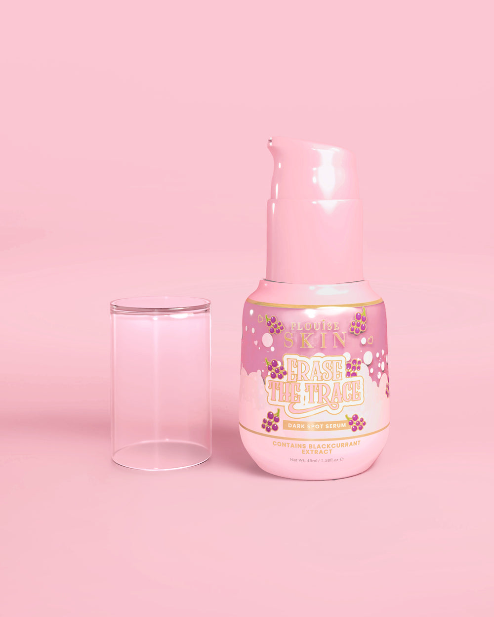 Różowa butelka P. Louise Erase The Trace Dark Spot Correcting Serum ze zdjętą pokrywką na różowym tle