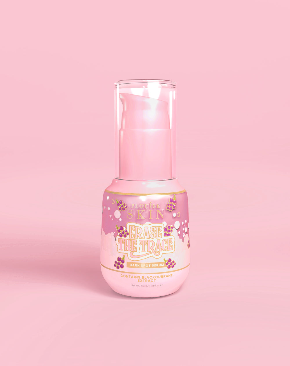 Różowa butelka P. Louise Erase The Trace Dark Spot Correcting Serum na różowym tle