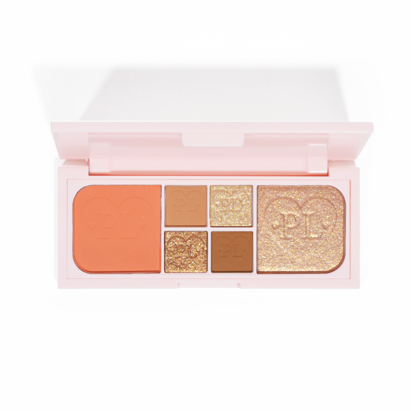 Zdjęcie palety P.Louise Fluffy Fantasy Mini Eyes & Face Palette zawierającej kremowe matowe i maślane drobinki w szerokiej gamie brzoskwiniowych i neutralnych odcieni