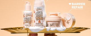 Teddy bear holding a tray with the sensitive skincare kit which makes a great winter skincare routine