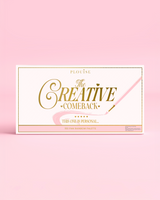 Przód zamkniętej palety cieni do powiek P.Louise Creative COMeback XXXL Rainbow ze złotą typografią na różowym opakowaniu na różowym tle