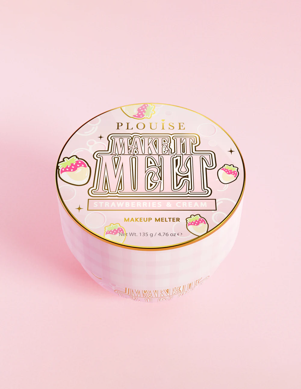 Pojemnik balsamu oczyszczającego P.Louise Make It Melt Makeup Cleansing Balmr z różową etykietą i złotymi akcentami na różowym tle