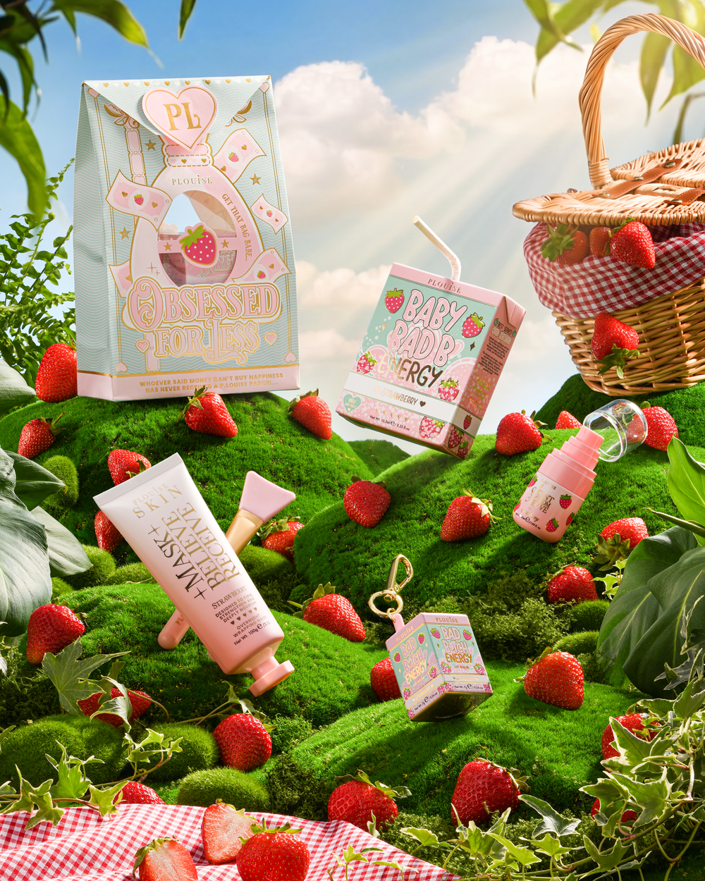 Pełna kolekcja Strawberry P.Louise Obsessed For Bad Bitch na trawiastym wzgórzu otoczonym truskawkami