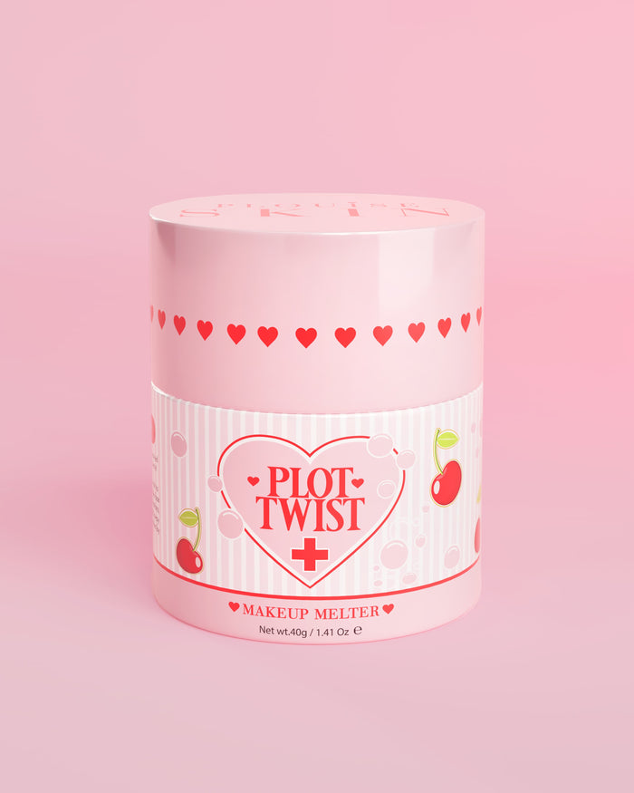 Różowe opakowanie balsamu oczyszczającego P.Louise Plot Twist Makeup Melting Cleansing Balm z motywami serca i wiśni na etykiecie na różowym tle