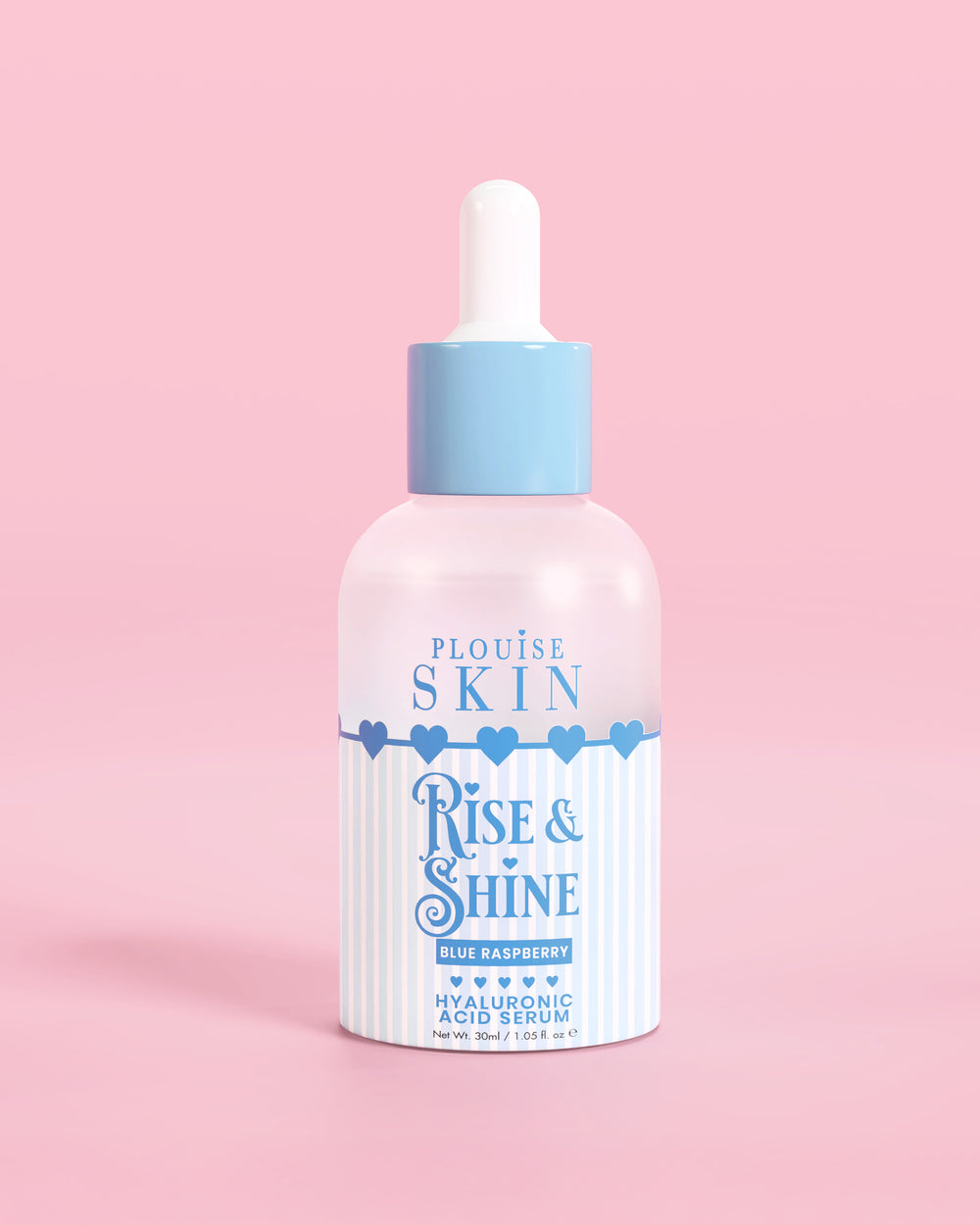 Niebiesko-biała butelka PLouise Rise and Shine Hyaluronic Serum w kolorze niebiesko-malinowym