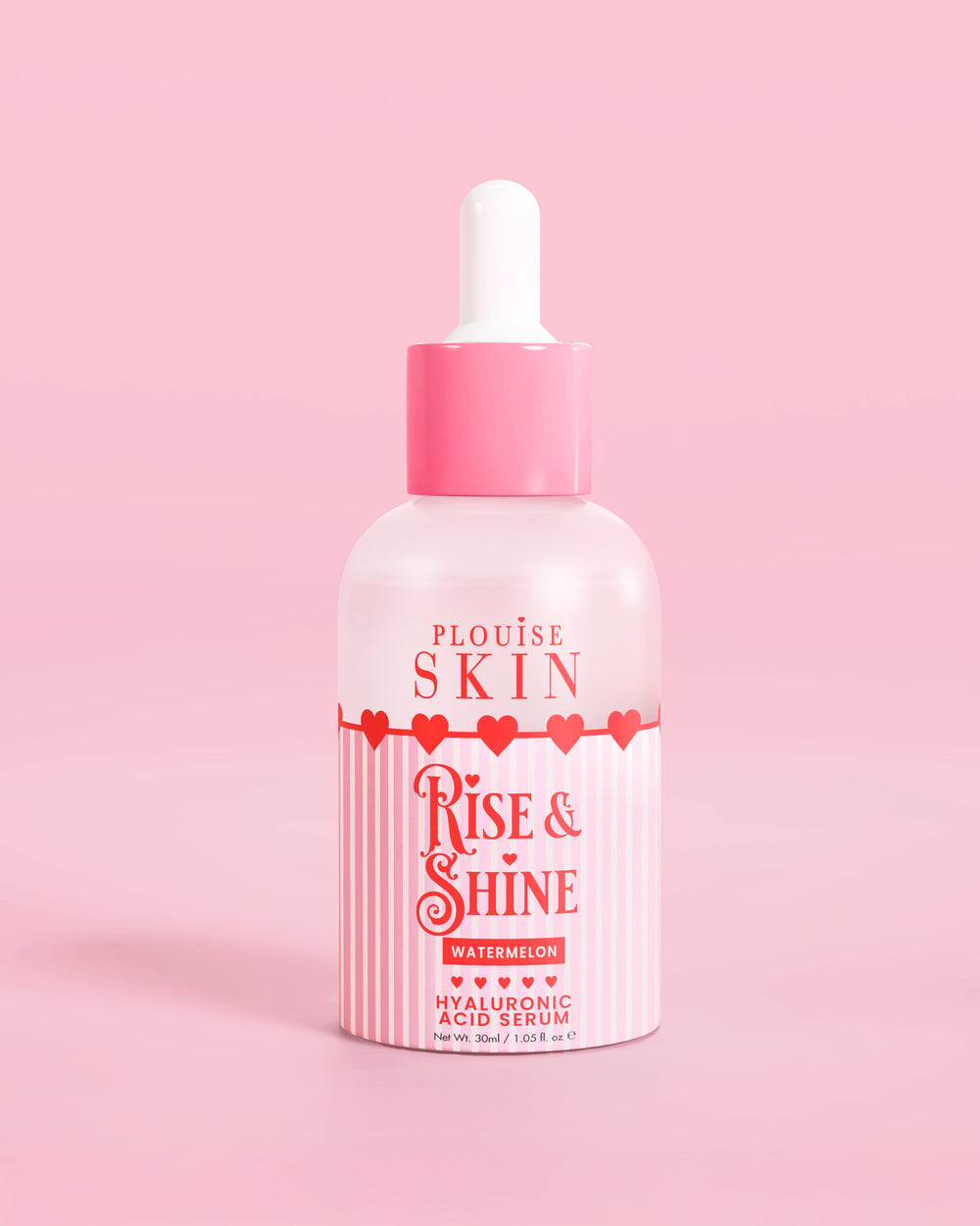 Różowa czerwono-biała butelka serum P.Louise Rise & Shine z kwasem hialuronowym w arbuzie