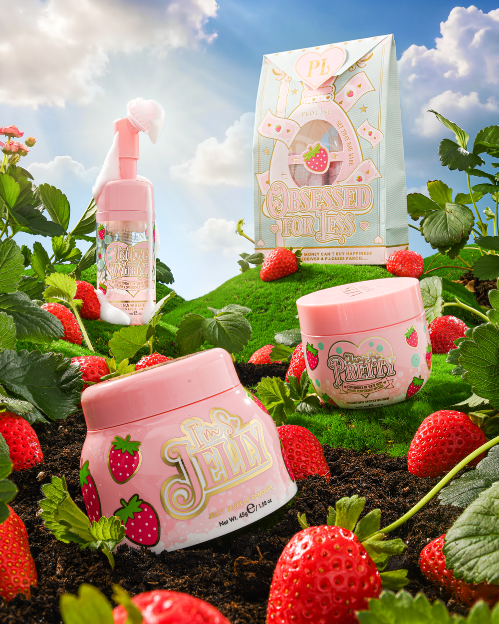 P.Louise Strawberry Obsessed For Less Podwójne oczyszczenie i nawilżenie Zestaw do pielęgnacji skóry na trawiastym wzgórzu otoczonym truskawkami