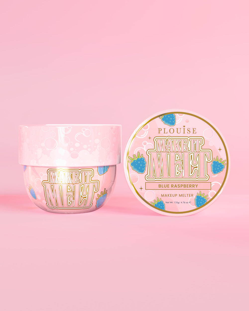 Dwie tubki balsamu oczyszczającego P. Louise Make It Melt Makeup w kolorze niebiesko-malinowym na różowym tle