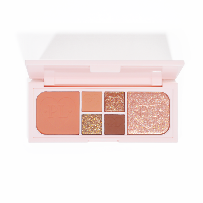Zdjęcie palety P.Louise Fluffy Fantasy Mini Eyes & Face Palette zawierającej kremowe matowe i maślane drobinki w szerokiej gamie brzoskwiniowych i neutralnych odcieni