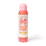 Butelka P. Louise Ready Set Sparkle Christmas Glitter Setting Spray z czerwonymi i różowymi paskami na butelce oraz czerwono-różową kokardką w paski na białym tle