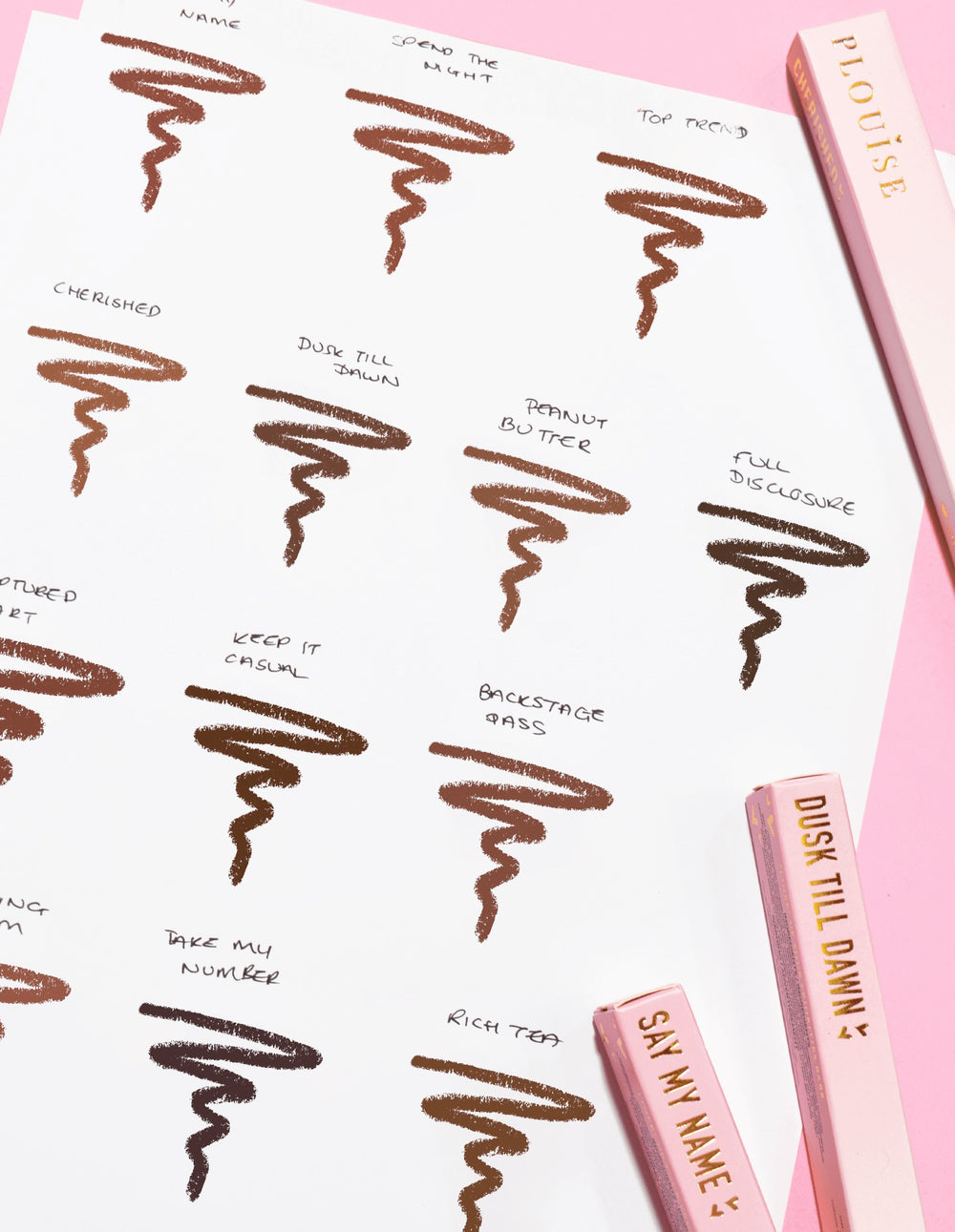Obraz kartki papieru z bazgrołami przedstawiającymi każdy odcień i nazwę konturówki do ust P.Louise Ultimate Definition Sharpenable Lip Liner