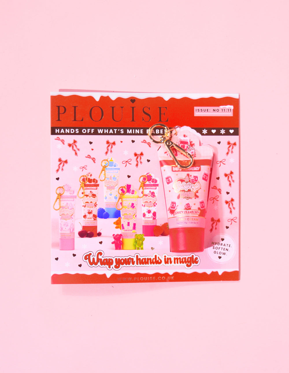 Magazyn bożonarodzeniowy P.Louise z mini breloczkiem na klucze, kremem do rąk z żurawiną, dołączonym do magazynu, z czerwono-różowym świątecznym wzorem